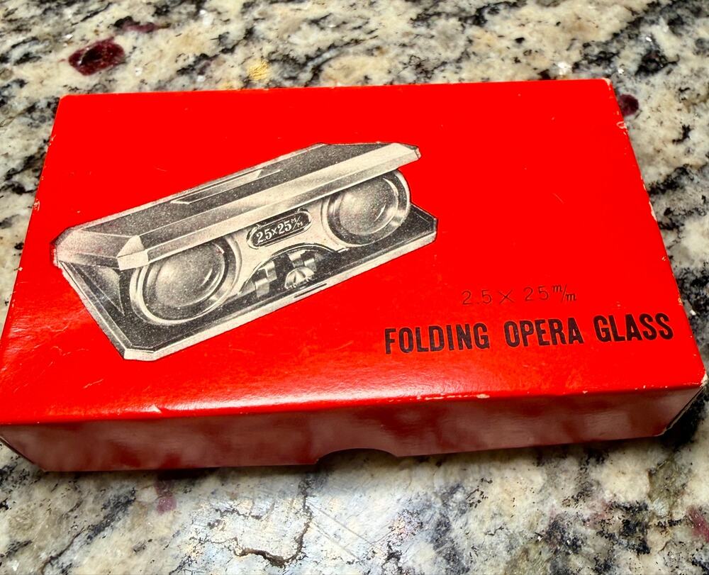 Vintage Folding Opera Glasses 2.5x25 Black Silver Compact Binoculars Boxed